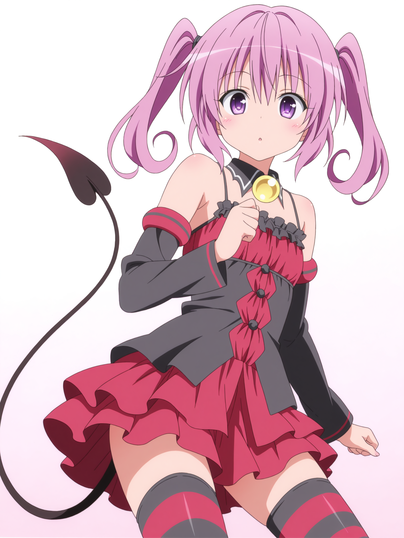<lora:nana_1:1>,nana,purple eyes,twintails,tail,striped thighhighs,