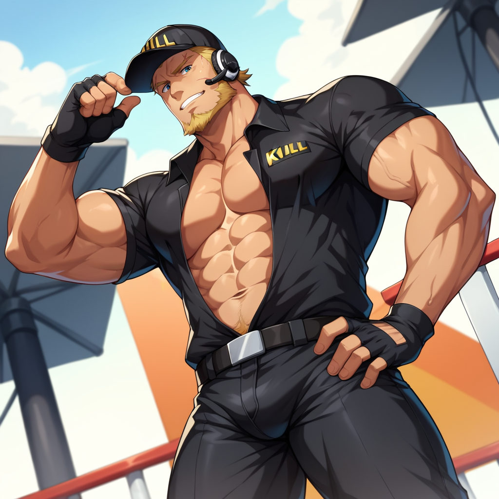 score_9, score_8_up, score_7_up, score_6_up, perfect anatomy, perfect proportions, best quality, masterpiece, high_resolution, high quality, solo male, Killer T Cell \(Cells at Work\), tan skin, blond hair, black eyes, facial hair, beard, scar on face, black Killer T Cell uniform \(Cells at Work\), black collared shirt, pecs, partically open shirt, black pants, black cap, Killer T Cell cap \(Cells at Work\), earpiece, fingerless gloves, black boots, adult, mature, masculine, manly, handsome, charming, alluring, standing, upper body, dutch angle, cowboy shot, ((from below))<lora:EMS-413052-EMS:0.800000>