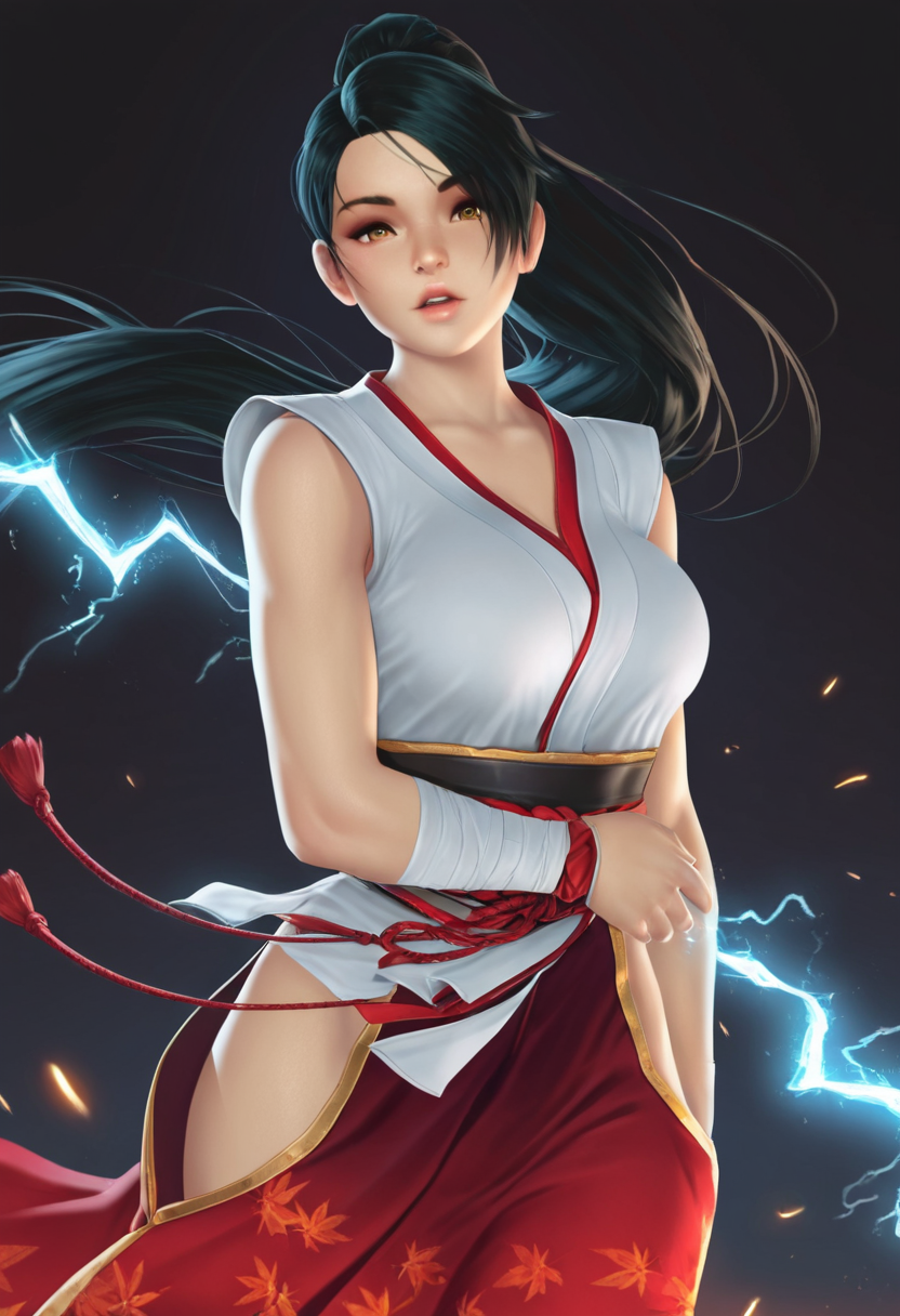 <lora:doaxvvV1ill-10:0.7> doaxvv style,1girl,doa-momiji,cowboy shot, 
1girl,
looking at viewer, parted lips, wind, dark background, electricity, sparks,
masterpiece,best quality,amazing quality,