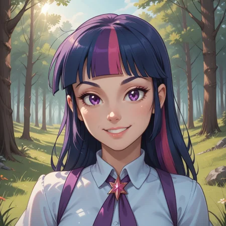 score_9, score_8, BREAK, solo, princess twilight sparkle, dark sapphire blue with moderate purple and brilliant raspberry streaks, purple eyes, pale, light grayish orchid skin, Equestria girls, g4, adult female, mature female, breasts, sexy pose, self portrait, smile, outdoors, sunlight, shadows, evening lighting, natural lighting, forest, trees, grass, orange sky, sunset