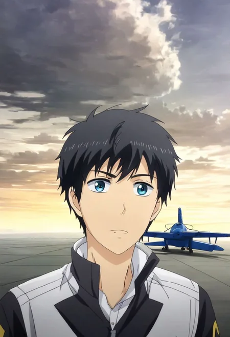 high resolution, solo, best quality, 1Boy, Arata Kaizaki, Black Hair, Blue Eyes, dystopia, Plane Crash, OverallDetail