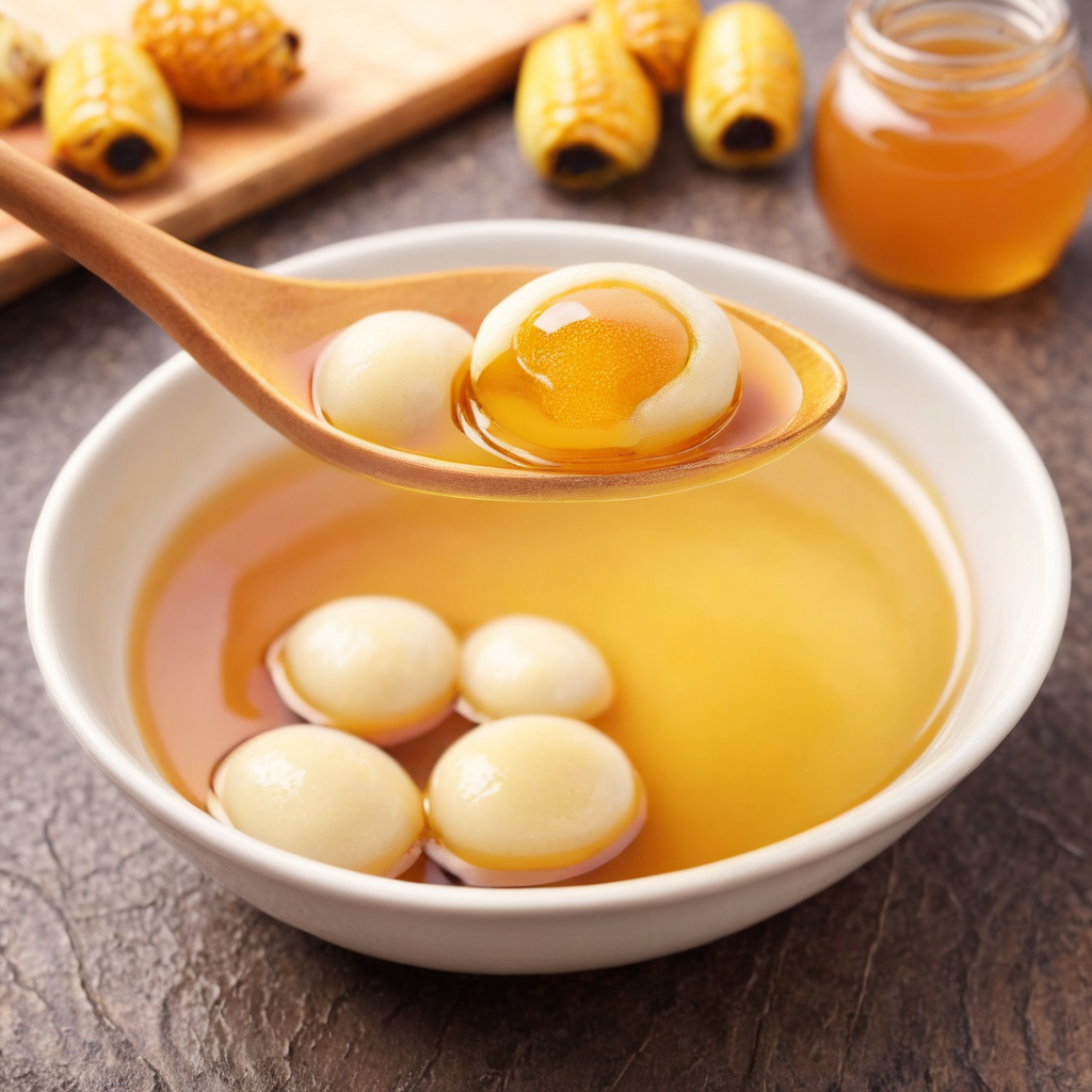 For a realistic style image of a spoon with some food in it,<lora:Tang_yuan:0.85>,honey filling , <lora:HoneyStyle:1>