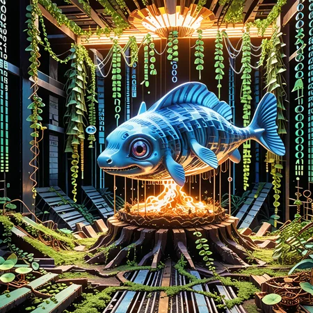 detailed, realistic, 8k uhd, high quality, source anime, illustration, masterpiece, fish, garden, codeandigital, , , science fiction, matrix background, , cinematic light <lora:Code__Digital_World_Morph_PONY_XL_by_UOC:1.2> <lora:spo_sdxl_10ep_4k-data_lora_webui> <lora:dmd2_sdxl_4step_lora_fp16>
