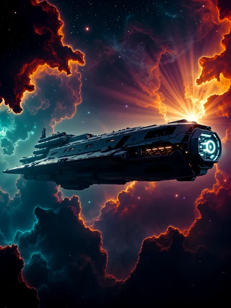 a highly detailed digital artwork depicting a massive, futuristic spaceship floating in the vastness of space, viewed from a slightly low-angle perspective. the spaceship, which dominates the center of the image, is an enormous, angular structure with a dark, metallic exterior featuring numerous mechanical components, antennae, and armor panels. the ship's surface is textured with intricate details, suggesting a highly advanced, militarized design. the spaceship's bow features an open hangar bay with a shimmering energy shield, revealing a glimpse of its interior. surrounding the spaceship is a breathtaking nebula, composed of swirling clouds of gas and dust in vibrant colorful hues. the nebula's colors and textures are rich and dynamic, creating a vivid, almost ethereal backdrop that contrasts sharply with the dark, imposing presence of the spaceship. the nebula's outer edges are illuminated by the bright, distant stars, adding depth and a sense of scale to the scene. the overall aesthetic quality of the image is very high, showcasing exceptional artistic skill and attention to detail. the composition is balanced, with the spaceship as the central focus, surrounded by the awe-inspiring, colorful nebula, sunset orange and deep teal and burgundy and royal purple and aquamarine blue and ivory, ovg, in the style of cksx, vibrantnebula, <lora:spaceships-flux-by_chronoknight:0.98> <lora:spacecraft-vibrant_nebula-v2-flux-by_bra2ha:0.8>