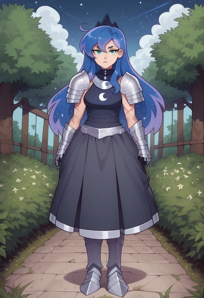 score_9, score_8_up, score_7_up, score_6_up, (humanized, human), 1girl,, (princess luna), (black hair), hair in front of shoulders, long hair, ((freckles)), anatomically correct, medium breasts, photo_realistic:1.5, high resolution, ,serious face, lidded eyes, detailed background,(outside, on a hill, ((night time)), soft glow, moonlit scene), big eyes, armored gloves, skin tight dress, (armored skirt, chestplate armor), looking at viewer, standing, armored boots, fit, toned, fit midriff, full body, front view, freckles on shoulders, ((((very tall)))), ((covered in scars, scars on torso, scars on arms, scars on legs)), scar on cheek, (solo), many scars