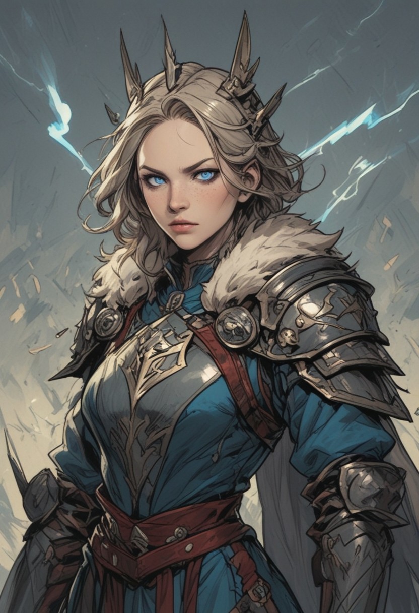 score_9, score_8_up, score_7_up, score_6_up, score_5_up, score_4_up,
fantasy setting, medium_shot, young woman, hunter clothes, small metal breastplate, fabric waist and belly, fur cape, glowing blue eyes, freckles, lightning eyes, lightning background
zPDXL3, commix style, arm0rs3nt1n3l, PnyCmicXLPOS