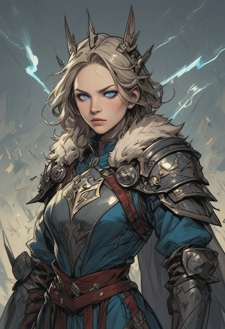 score_9, score_8_up, score_7_up, score_6_up, score_5_up, score_4_up,
fantasy setting, medium_shot, young woman, hunter clothes, small metal breastplate, fabric waist and belly, fur cape, glowing blue eyes, freckles, lightning eyes, lightning background
zPDXL3, commix style, arm0rs3nt1n3l, PnyCmicXLPOS