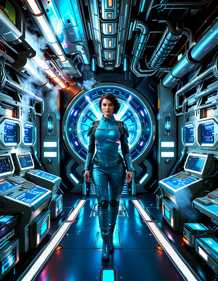 A highly detailed and cinematic depiction of a confident woman standing in the engine room,3ng1n3 r00m of a futuristic spaceship. She is wearing a sleek and advanced space uniform, with a metallic sheen and intricate details like glowing blue energy lines running along the seams of her suit. Her uniform is form-fitting, with visible patches indicating her rank and position, and a high-tech helmet tucked under her arm. She has short, neatly cut hair, a determined expression, and a calm yet commanding presence.
The engine room around her is illuminated by a mix of bright white and soft blue lights, reflecting off the polished metallic surfaces of the machinery. Massive, glowing energy cores pulse with light in the background, emitting a soft hum. Pipes, cables, and control panels surround her, each detailed with futuristic textures and glowing interfaces. The room feels alive with motion, as small holographic displays and robotic arms work automatically. The overall mood is futuristic, highly technological, and awe-inspiring, with sharp contrasts between the cold metallic surfaces and the warm light from the energy cores.
The image is rendered in a hyper-realistic and cinematic art style, with an emphasis on intricate details, dramatic lighting, and rich textures.<lora:SDXLFaeTastic2400:0.4> <lora:extremely_detailed:0.4> extremely detailed, <lora:3ng1n3_r00m:1>, Masterpiece,best quality,hi res,8k,hi res,8k,award winning,(sharp focus, intricate, highly detailed),