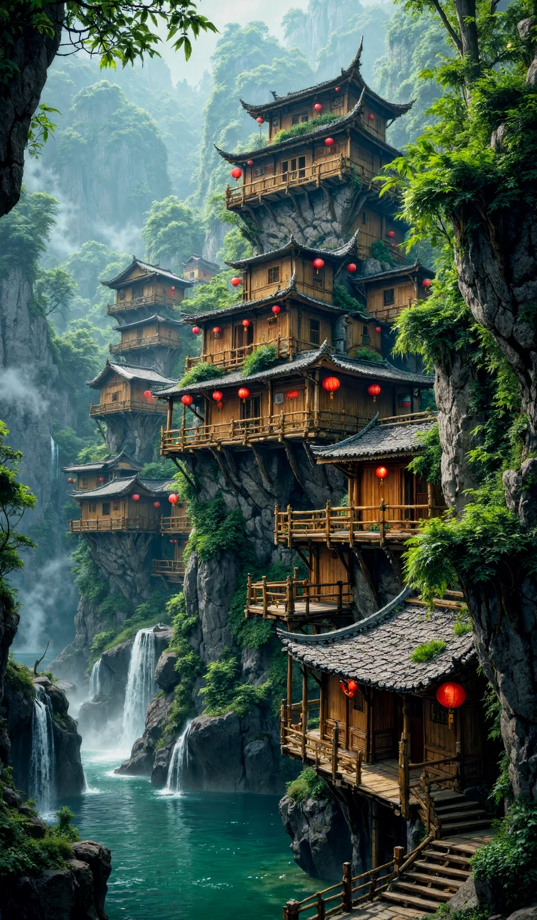This digital artwork depicts a beautifully intricate bamboo village nestled within a dramatic Southeast Asian river canyon. The architecture, traditional in style, features multi-tiered bamboo houses connected by wooden bridges and stone pathways, harmoniously integrated into the rugged cliffside. The scene is enveloped in a soft mist, enhancing the ethereal quality of the verdant surroundings where moss and lush greenery cling to the stone and wood structures.
The village exudes a sense of timeless tranquility, with each building adorned with red lanterns that add a warm glow to the cool, shadowed environment. This surreal setup, combined with the calm waters of the river reflecting the serene village, transports the viewer to a dreamlike realm that merges natural beauty with human ingenuity. <lora:Artistic realism V2:0.40> <lora:flux_realism_lora:0.20> <lora:VividlySurrealV2_993980:0.40>