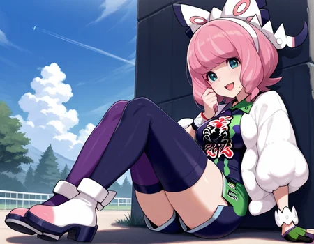 masterpiece, best quality, amazing quality, very aesthetic, absurdres, newest, detailed background, 4k, 8k, outdoors,
klaraxd, medium breasts, 1girl, solo, thighhighs, pink hair, single glove, mole under mouth, gloves, mismatched legwear, asymmetrical legwear, shorts, full body, mole, jacket, white jacket, sitting, smile, shirt, bracelet, collared shirt, jewelry, bangs, partially fingerless gloves, open mouth, bow, dynamax band, short hair
<lora:Klara_-_Pokemon_Illustrious:1>
