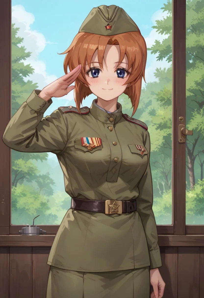 score_9, score_8_up, score_7_up, score_6_up, anime screencap, anime coloring, source_anime, 1girl, ryuuguu rena, thick thighs, ((blue eyes)), blush, orange hair, short hair, big medium breasts, height 141 cm, smile,
Soviet Military uniform, Soviet garrison cap, belt, salute, look at the viewer, smile, skirt, green eyes, window, tree,
handfixer, detailed eyes,
Outdoor, half body,