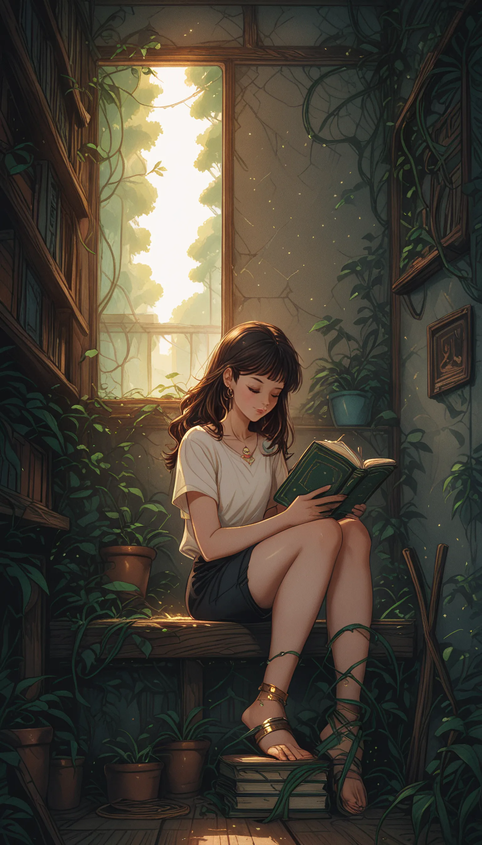 masterpiece,
perfect eyes, vivid colors, vibrant colors,
pinkretroanime, retro art, (lineless:1.5), smooth edges, In the image, there's a young woman immersed in the world of literature. She is comfortably seated on a bench amidst a lush green indoor garden. The garden is adorned with potted plants of various sizes, providing a serene and natural backdrop to her reading session. She's dressed casually in a white blouse paired with a black skirt, adding a touch of elegance to the scene. Her right hand is holding a book open, suggesting she's deeply engrossed in the story unfolding within its pages. The room has an open layout with a bookshelf filled with numerous books, indicating her passion for reading. The lighting is soft and natural, emanating from the windows on both sides of the garden, casting gentle shadows that add depth to the scene. On the floor next to the bench rests a cup of coffee, hinting at her preference for warm beverages while she reads. The overall atmosphere of the image is one of tranquility and intellectual curiosity., 1girl, solo, long hair, smile, bangs, brown hair, shirt, black hair, holding, jewelry, sitting, closed mouth, collarbone, full body, closed eyes, white shirt, short sleeves, earrings, shorts, barefoot, day, indoors, blunt bangs, medium hair, necklace, bag, feet, tree, lips, book, short shorts, bare legs, window, toes, leaf, looking down, black shorts, sandals, sunlight, light smile, plant, curtains, t-shirt, scenery, facing viewer, knees up, backlighting, holding book, toenails, stairs, open book, on floor, anklet, bookshelf, reading, potted plant, vines, shelf, book stack, library, blinds, overgrown