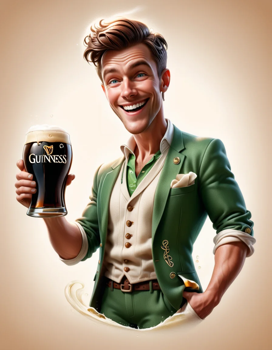 ("Guinness Beer" text logo:1.1) regular happy and smiling male irish citizen wearing clothing made out of Irish Linen, drining a ral-beer Guinness, raising a toast towards viewer, closeup shot <lora:dvr-ftl:0.75> dvr-ftl <lora:ral-cltc:0.35> ral-cltc <lora:ral-beer:0.2>