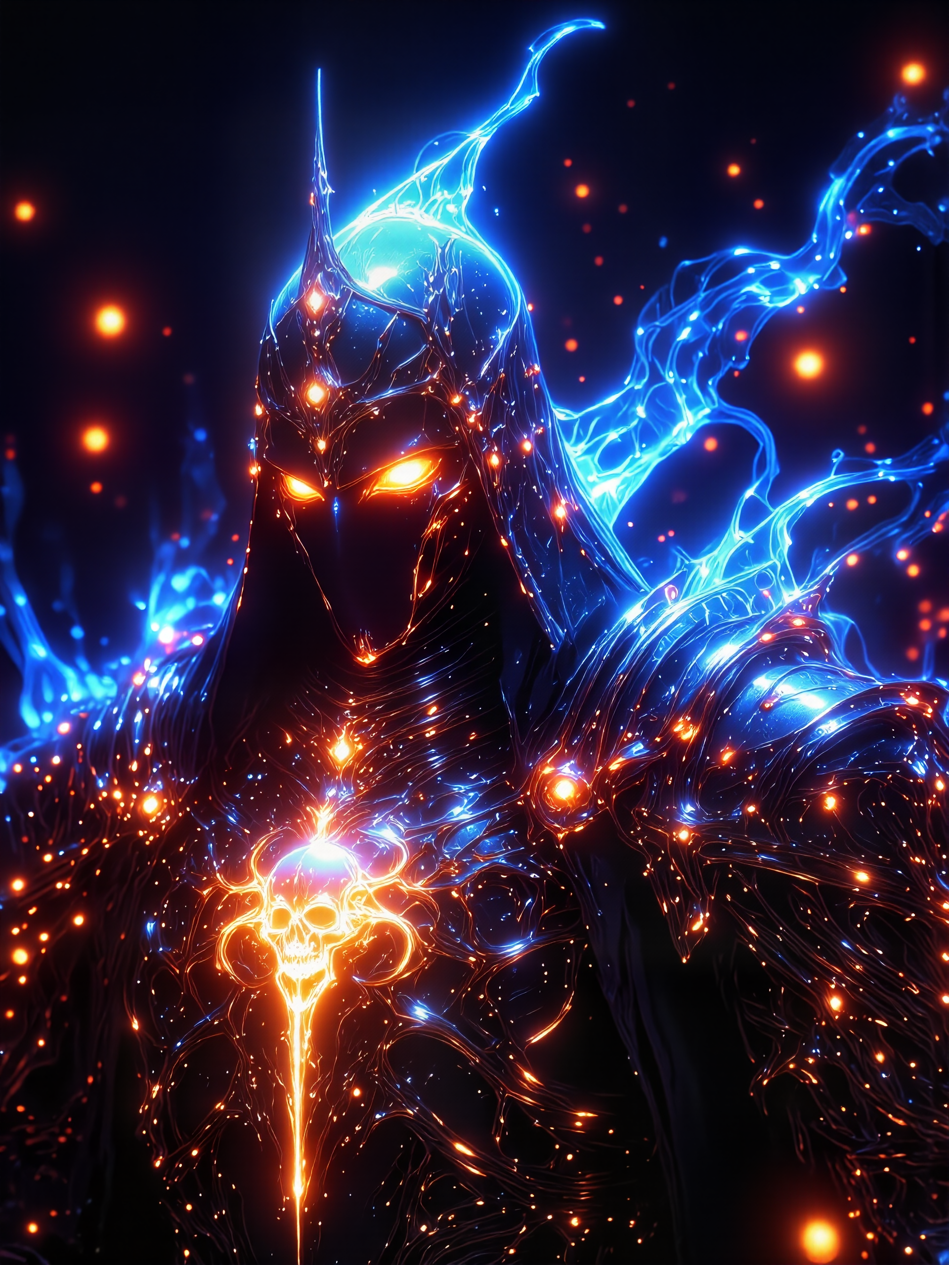hyper-realistic, photo-realistic, ultra detailed, epic, highly aesthetic, ultra high resolution, 8k, 4k, intricate, ornate, dramatic, dynamic pose, dark corners, famous digital painting of a hooded hkdeath-knight with fiery glowing eyes, as our crowns begin to rust, karmic debt that burns to dust, incinerate our beings as you must, when will you come? where will we be? when will you come for me? as saturn's coming down, arcane glowing vapors, black, azure blue, deep purple, crimson red, translucence, subsurface scattering, mythp0rt, hkdeath, etherealglow, iridescence, <lora:style-mythic_fantasy-v2-flux-by_velvets:0.68> <lora:style-ethereal_glow-v2-flux-by_soxan:0.68> <lora:living_death-flux-by_hailoknight:0.92> <lora:epic_gorgeous_details-balance-flux-by_flyway:0.84>