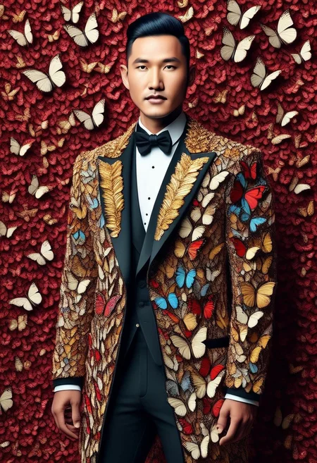 full body portrait of asian man wearing tuxedo made of butterflies, coat made entirely out of butterflies, butterflyStyle, PG, high quality, highly detailed, digital illustration, pop style, mobe-90c0m, pulp style, digital painting, bold line work, dramatic contrast, asian male model, wiry male, short male, asian twink, shoulder length hair, wavy hair, bun hairstyle, manbun, clean shaven, detailed face, gold eyeliner, spotlight, dynamic pose, confident, boa, feather boa, red, white, black, SYAHNK,