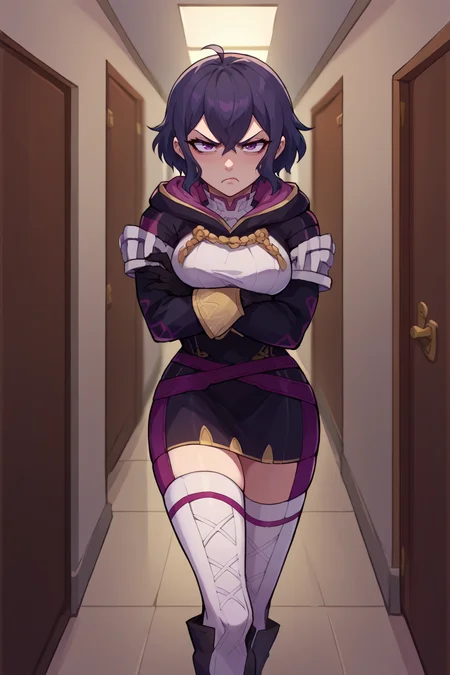 score_9, score_8_up, score_7_up, score_6_up, source_anime, BREAK 1girl, solo <lora:femorgan-pdxl-nvwls-v1-000005:1> feMorgan, short dress, black gloves, white thighhighs, crossed arms, annoyed, hallway, pout