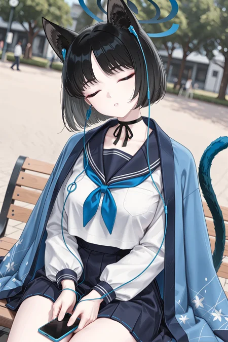 1girl, solo, kikyou \(blue archive\), halo, animal ears, cat ears, cat tails, cat girl,
coat on shoulders, school uniform,
closed eyes, :o, light smile,
sitting, head tilt, earphones on animal ears, smartphone, arms at sides,
outdoors, park, solo focus, dutch angle,
cowboy shot, masterpiece, best quality, amazing quality, very aesthetic, absurdres, highres, newest, <lora:xl_saturation_slider:0.1>, <lora:illustriousXLv01_stabilizer_v1.164:0.4>, <lora:reduce_wrinkles_illstriouosv0.1_ADDifT_2_in_1_v1.2:0.9>, <lora:earphonesonanimalearsillv1:1>,
