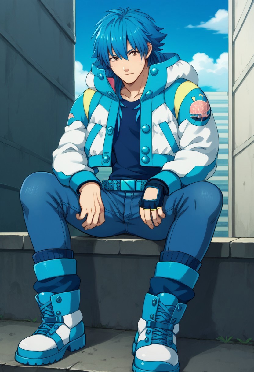 score_9, score_8_up, score_7_up, source_anime, highly detailed, 

aoba, 1boy, male focus, solo, brown eyes, blue hair, long hair, jacket, open jacket, open clothes, blue jacket, white jacket, multicolored jacket, shirt, blue shirt, belt, denim, boots, leg warmers, single glove, fingerless glove,

outdoor, staris, sky, sit,