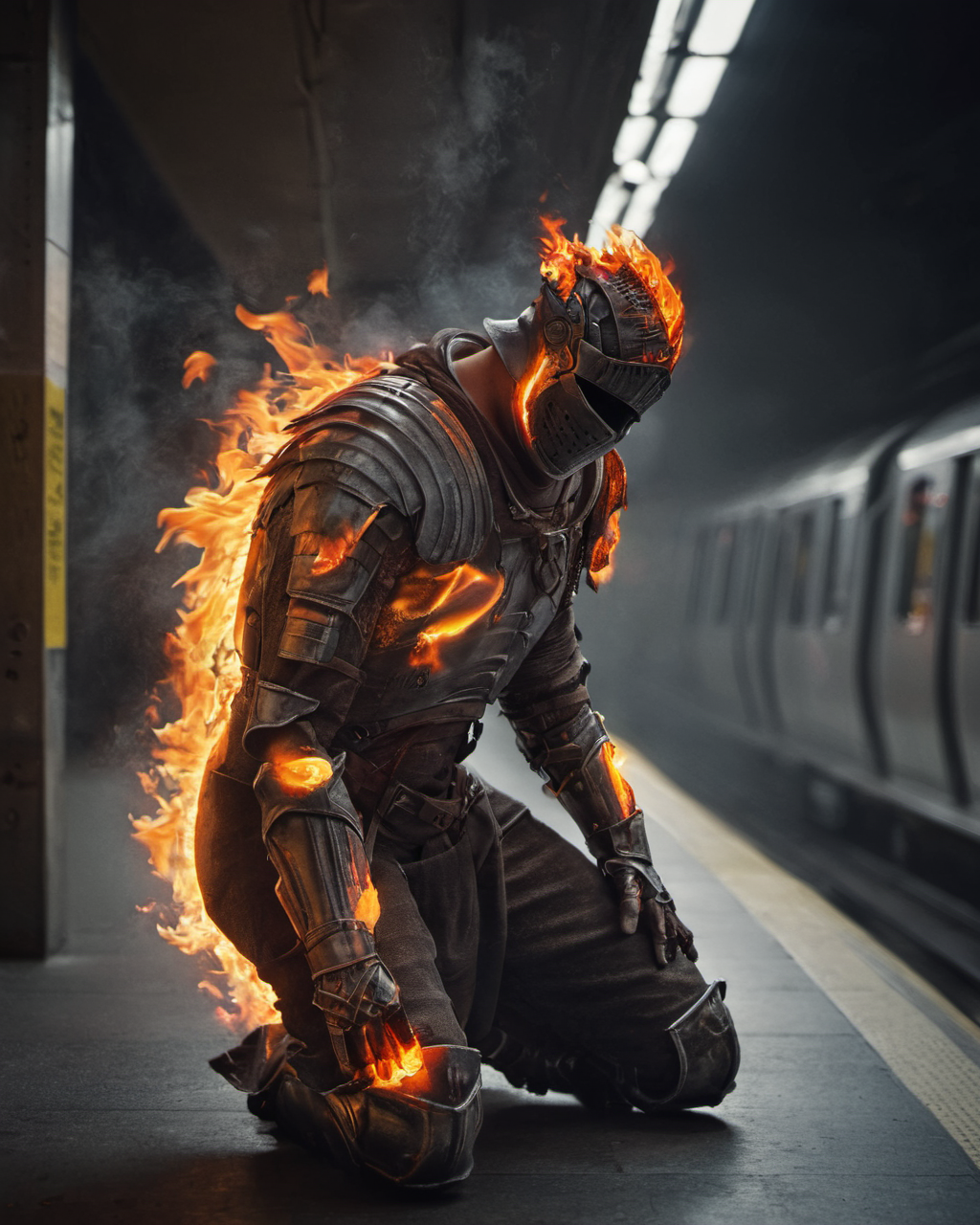 hyperdetailed photography,masterpiece,awardwinning,128k uhd,cndrlord,inpatient man in a flaming armor waiting for a train in a subway,<lora:lordofcinders:0.7>,raw photo,sharp focus,bokeh,epic