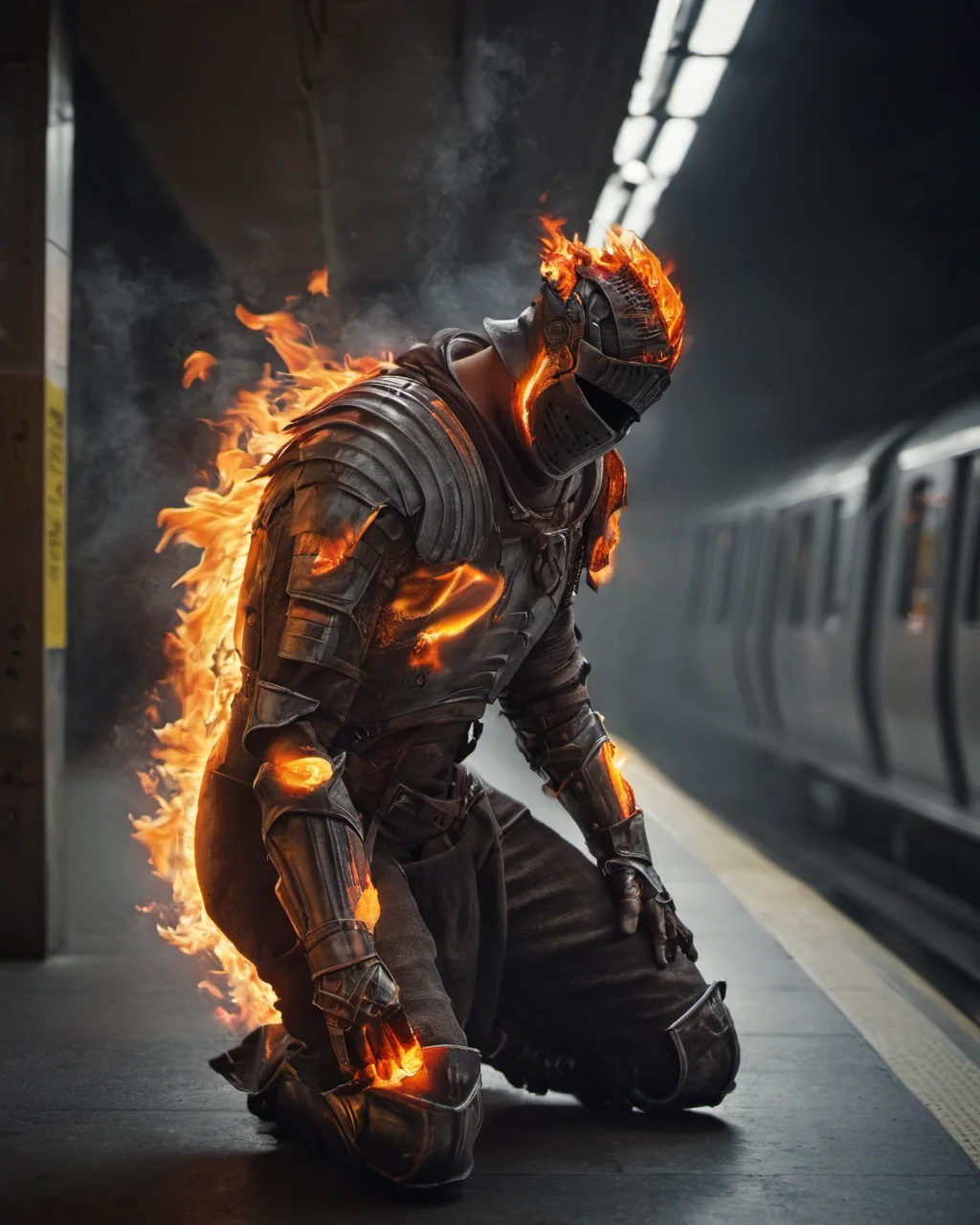 hyperdetailed photography,masterpiece,awardwinning,128k uhd,cndrlord,inpatient man in a flaming armor waiting for a train in a subway,<lora:lordofcinders:0.7>,raw photo,sharp focus,bokeh,epic