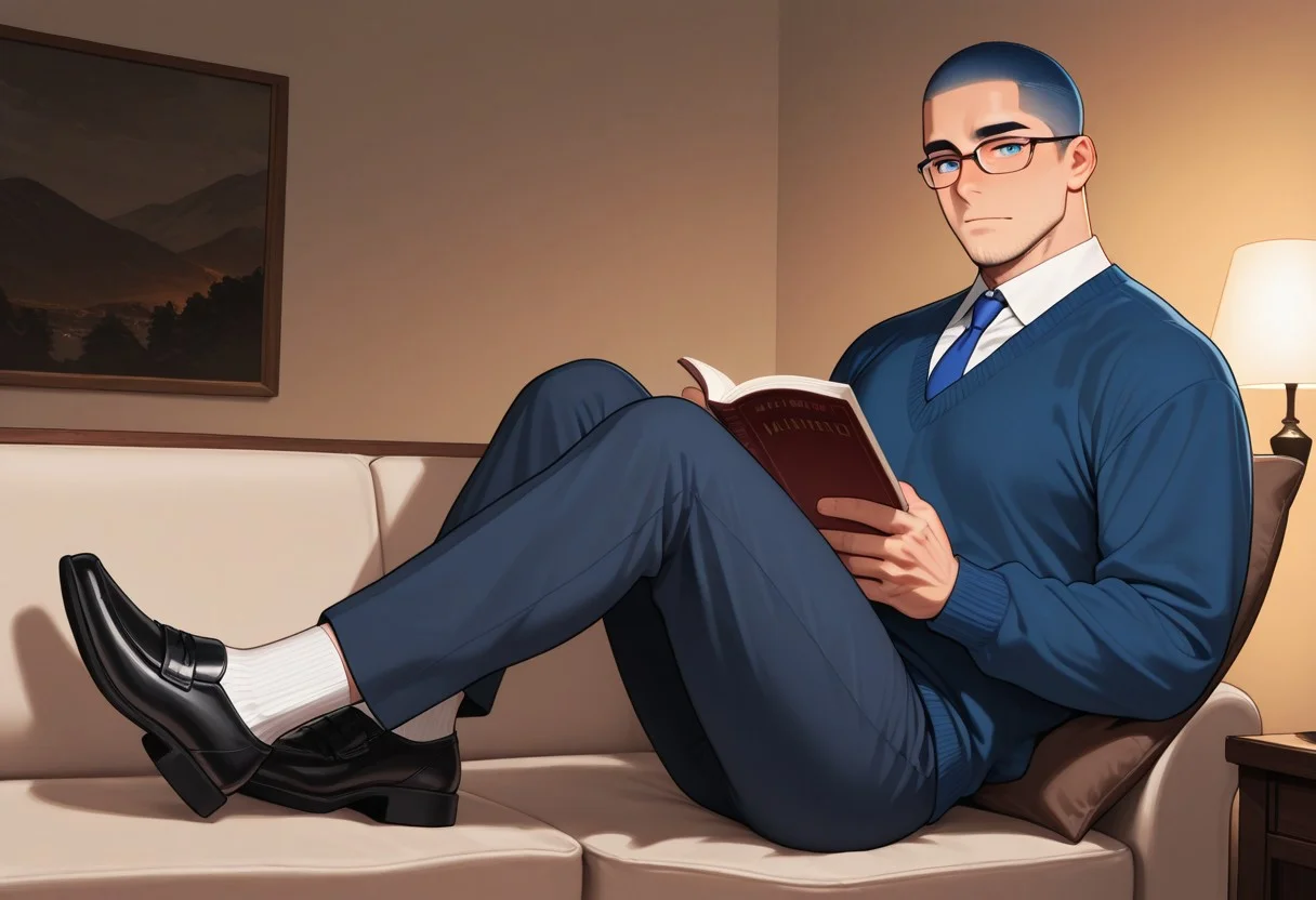masterpiece, best quality, background details visible, very aesthetic, absurdres, newest, detailed background, warm lively light, lively and bustling atmosphere, definition so sharp it cuts latency, Ultra-HD, 8K cinematic, very awa, impressionate, amazing quality, highres,
indoor, living room, reading book, on couch, legs on couch, sitting on couch,
solo, male focus, manly, muscle body, mature male,
1boy, mbtiistj, blue eyes, glasses, short hair, very short hair, shirt, tie, sweater, pants, socks, shoes