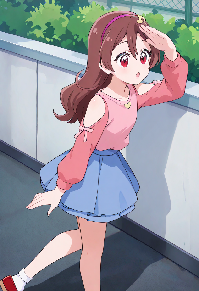 masterpiece, best quality, absurdres, very aesthetic, general,
sakura uta, casual, brown hair, 1girl, solo, blue skirt, open mouth, :o, outdoors, eyelashes, arm up, shading eyes, smile, shoulder cutout, clothing cutout, red eyes, long hair, pink shirt, standing, long sleeves, waving, :d, bow, from behind, pleated skirt, day, bush, mary janes, red footwear, bangs, miniskirt, looking at another, layered skirt, bare shoulders, musical note hair ornament, pink hairband, white legwear, white socks, 
<lora:cure_idol_sakura_uta_illustXL_locon_v1:0.8>