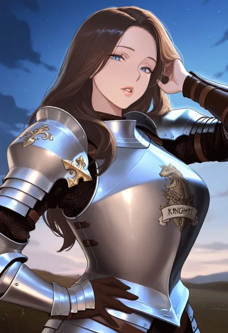 1girl, mature female, milf, night sky, dark brown hair, long hair, masterpiece, blue eyes, knight, parted lips, detailed lips, looking at viewer, knight armor, plate armor, pauldrons, hound print, outdoors, hands on hips, adjusting hair, cloud, volumetric lighting, blue sky, portrait, upper body,