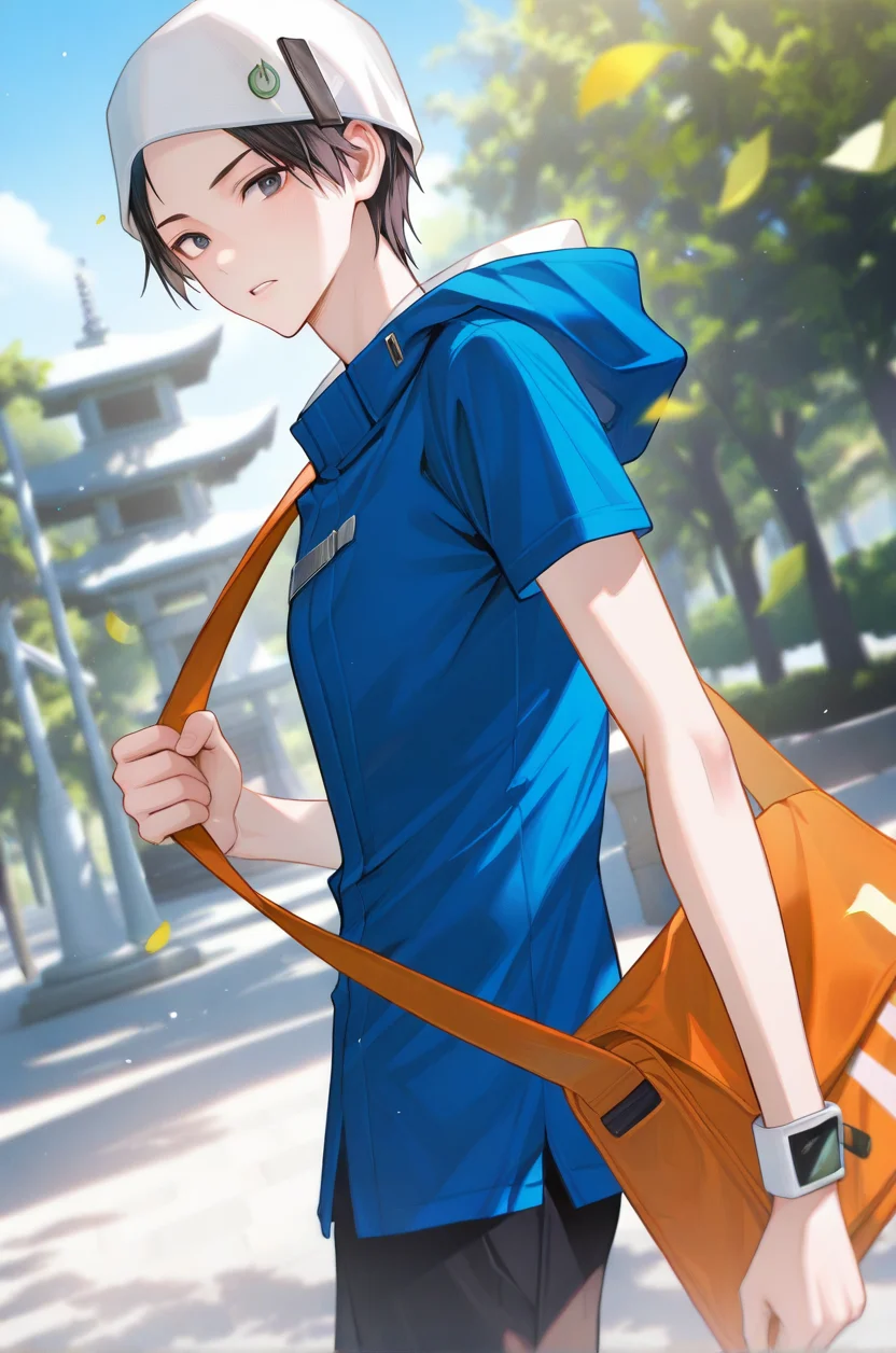 artist:gomzi,artist:wanke,artist:diyokama, rei_(sanbonzakura),[[artist:fuzichoco]],year 2023, 
park, solo, 1boy, male focus,
kihara atsurou, black eyes, black hair, short hair, white headwear, beanie,
blue jacket, hooded jacket, short sleeves, shoulder bag,
black pants, <lora:ds_majorcharacters.ilxl:0.8>