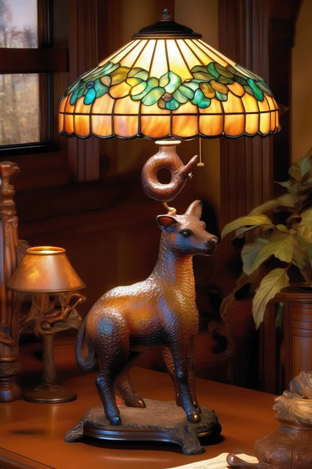 <lora:Louis Comfort Tiffany Style:1>Louis Comfort Tiffany Style - a cozy Victorian study featuring a blown glass Tiffany-style animal lamp. The lamp's warm, inviting glow is complemented