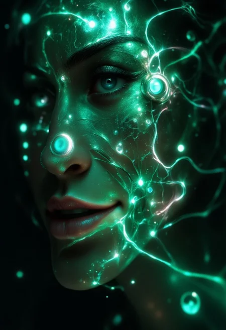 Emo woman upper body face close up. A hyper-detailed, futuristic close-up of a human fingertip illuminated by a soft green glow, revealing a complex, holographic circuit pattern etched into the skin, resembling a digital fingerprint. The intricate lines and nodes of the circuitry shimmer with a faint white and blue light, symbolizing advanced biometric technology. Surrounding the finger, a semi-transparent user interface displays scanning progress indicators, synchronization bars, and faint text overlays, adding to the high-tech aesthetic. The background is softly blurred, suggesting a sleek, digital environment while emphasizing the focus on the finger and its augmented details. <lora:aidmaFLUXPro1.1-FLUX-v0.3.safetensors:1.0>,  <lora:Dark side of light.safetensors:0.55>, <lora:Glitchcore_Flux.safetensors:0.8>,