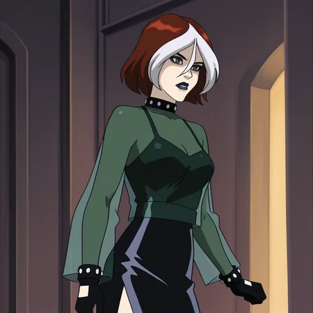 <lora:Rogue_illustrious_v1:.8> roguegreenEvolution, 1girl, multicolored hair, lipstick, white hair, brown hair, makeup, two-tone hair, black gloves, black dress, short hair, spiked collar, black lips, hair between eyes, breasts, spikes, jewelry, see-through, black skirt, standing, cowboy shot