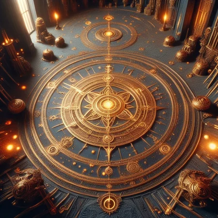 ancient orrary of a solar system sitting on an ornate rug in an artifact shop, ornate intricate masterpiece golden artifact