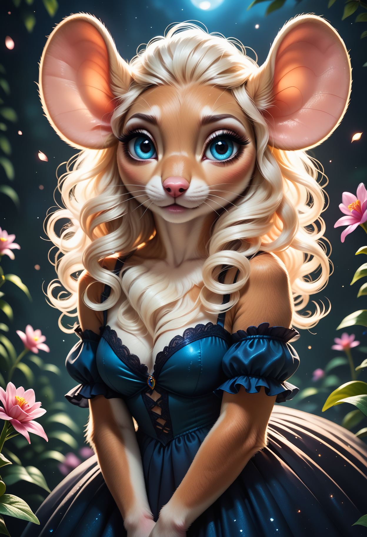 score_9, score_8_up, score_7_up, score_6_up, score_5_up, score_4_up, extremely detailed, furry, beautiful mouse woman, detailed fur, curly hair, realistic, extremely detailed, beautiful icy blue eyes, long eyelashes, beautiful lush garden background, night sky, dark shadows, wearing jeweled gown, dark brown lush fur,