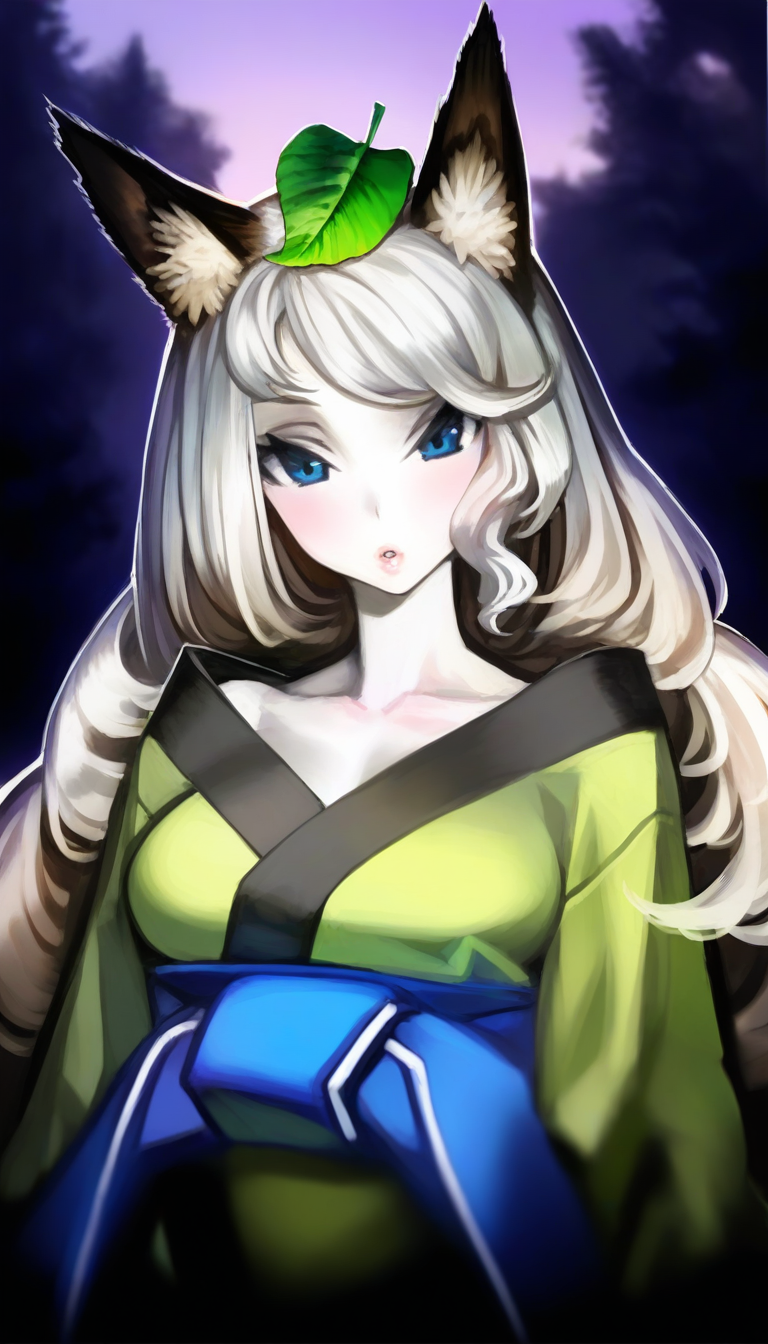 masterpiece,best quality,amazing quality,
<lora:yuzuruhaNAI:1>,yuzuruha,1girl,solo,pale skin,white hair,long hair,wavy hair,bangs,fox ears,a green leaf on head,blue eyes,
green kimono,blue obi belt,
portrait,looking at viewer,parted lips,facing viewer, 
outdoors,
forest,purple sky,
depth of field,