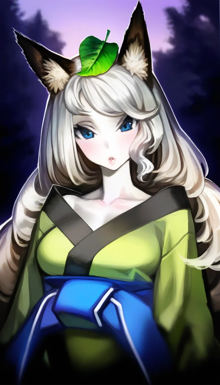 masterpiece,best quality,amazing quality,
<lora:yuzuruhaNAI:1>,yuzuruha,1girl,solo,pale skin,white hair,long hair,wavy hair,bangs,fox ears,a green leaf on head,blue eyes,
green kimono,blue obi belt,
portrait,looking at viewer,parted lips,facing viewer,
outdoors,
forest,purple sky,
depth of field,