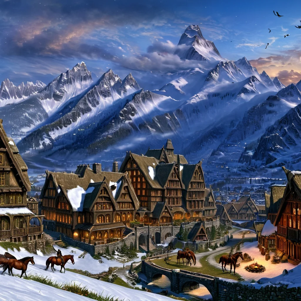 Masterpiece,absurd resolution,8k,high resolution, <lora:SkyrimLandscapes:0.8>, skyrimlandscapes, scenery, mountain, cloud, sky, outdoors, day, city,landscapes,landscape, tree, no humans, nature, house, horse, snow mountains,grass,bird,night,lights