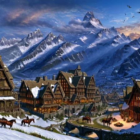 Masterpiece,absurd resolution,8k,high resolution, <lora:SkyrimLandscapes:0.8>, skyrimlandscapes, scenery, mountain, cloud, sky, outdoors, day, city,landscapes,landscape, tree, no humans, nature, house, horse, snow mountains,grass,bird,night,lights