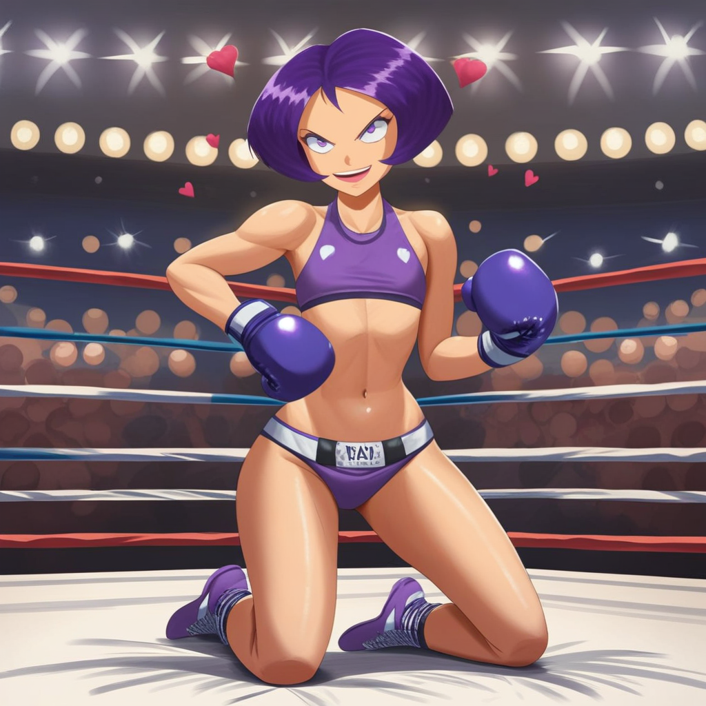 score_9, score_8_up, score_7_up, score_6_up, score_5_up, score_4_up, BREAK, madison_ts, purple hair, short hair, bangs, purple eyes, purple eyebrows, pink lipstick, makeup, large breast, mature female, flat chest, wide hips, narrow waist, amazonian body, 18 years old, 1girl, solo, wearing purple boxing gloves, boxing arena, boxing ring, full body, wearing purple bikini, navel, smile, open mouth, detailed background, crowd, pose, victory celebration, championship belt, washington d.c., stadium, detailed background, anime, source_anime, 2000's style <lora:Madison_Totally_Spies:0.8>