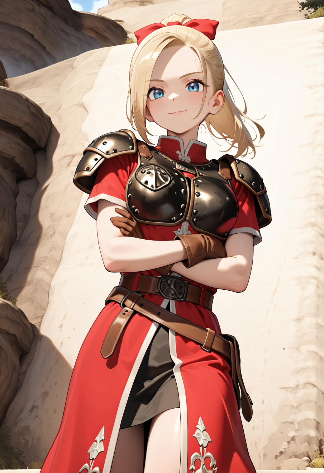masterpiece, best quality, very aesthetic, absurdres, 1girl, solo,
<lora:dqh2_aurora_v02:0.9>, dqh2_aurora, blonde hair, long hair, ponytail, blue eyes,
hair bow, shoulder armor, breastplate, red dress, short sleeves, brown gloves, leather gloves, belt, skirt, crossed arms, (smile:0.7)