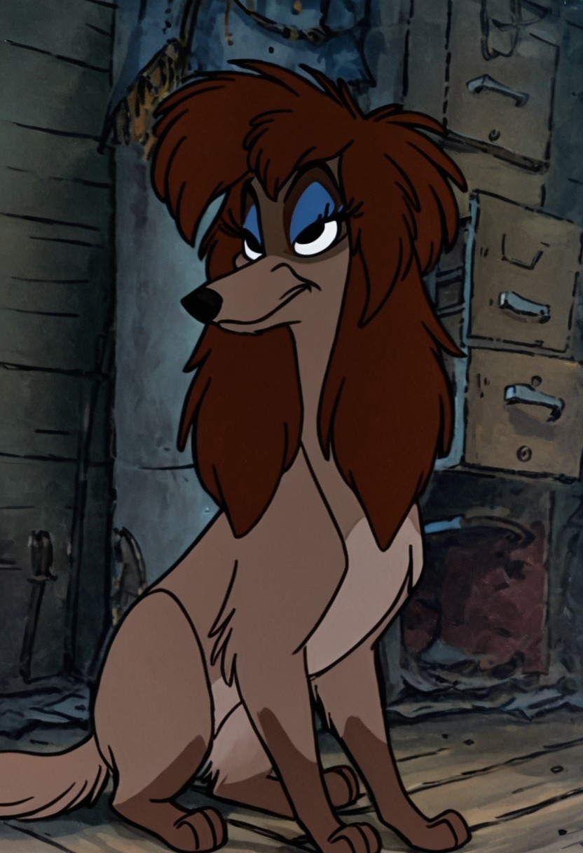 score_9, score_8_up, score_7_up
Rita, Saluki, Dog, Female Dog, feral, non-anthro, light-brown fur, Brown forelegs, Dark brown ears, dark brown hair, eyelashes, blue eyeshadow, black nose, black eyes, large eyes, cartoon, disney, Solo, 1girl, sitting smiling, eyes open