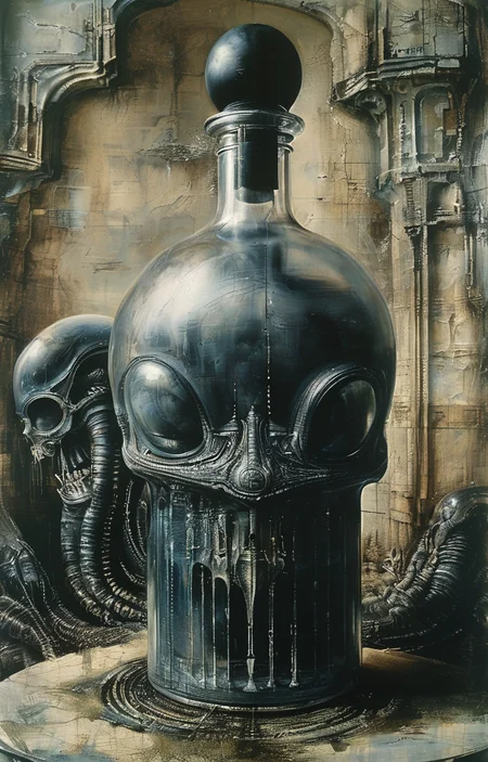 masterpiece,best quality,<lora:tbh295-sdxl:0.9>,illustration,style of H. R. Giger A bottle of perfume in garden