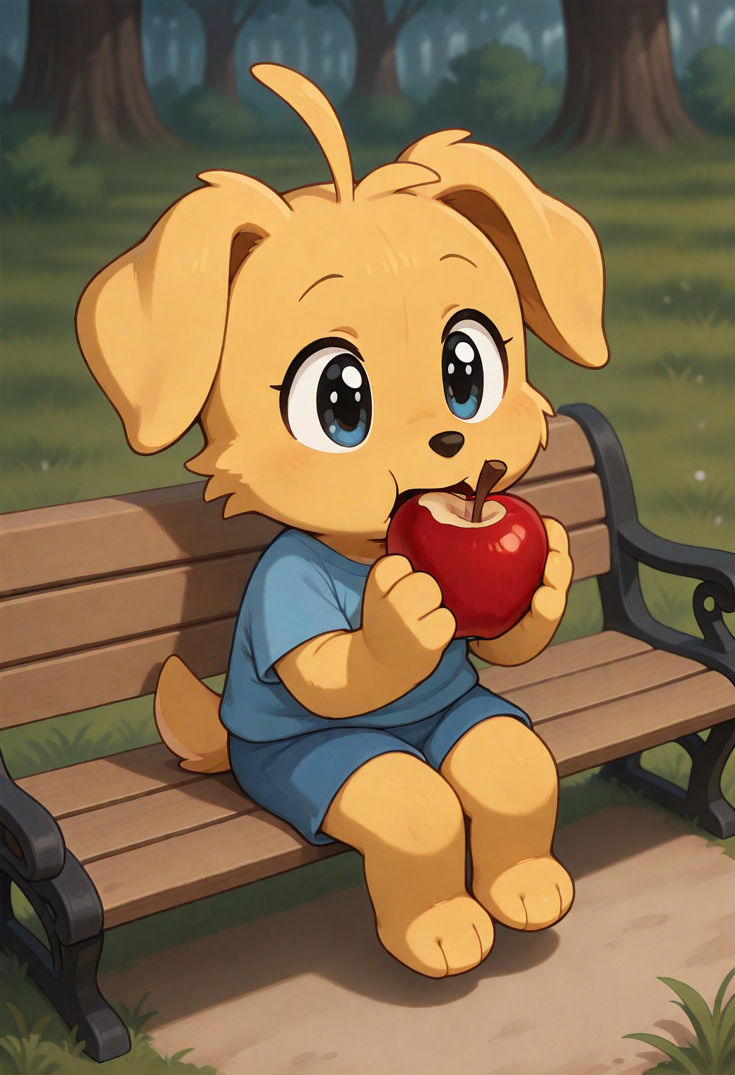 masterpiece, best quality, very aesthetic, newest, thronglet, furry, solo, yellow fur, blue shirt, blue shorts, sitting, park bench, eating apple