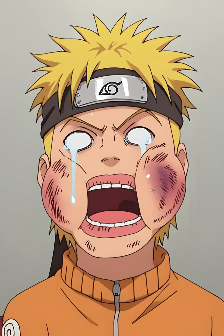score_9, score_8_up, score_7_up, score_6_up, score_5_up, score_4_up,  <lora:Naruto:0.8>  uzumaki_naruto, blonde hair, forhead protector, konohagakure symbol, whisker markings,  jacket, orange pants,  <lora:beat_up_face:0.8>, 1boy, solo, alone, blank eyes, tears, circular eyes,  bruise, swollen cheeks, swollen lips, open mouth, missing tooth, masterpiece, highres