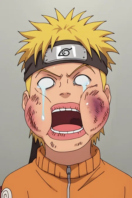 score_9, score_8_up, score_7_up, score_6_up, score_5_up, score_4_up, <lora:Naruto:0.8> uzumaki_naruto, blonde hair, forhead protector, konohagakure symbol, whisker markings, jacket, orange pants, <lora:beat_up_face:0.8>, 1boy, solo, alone, blank eyes, tears, circular eyes, bruise, swollen cheeks, swollen lips, open mouth, missing tooth, masterpiece, highres