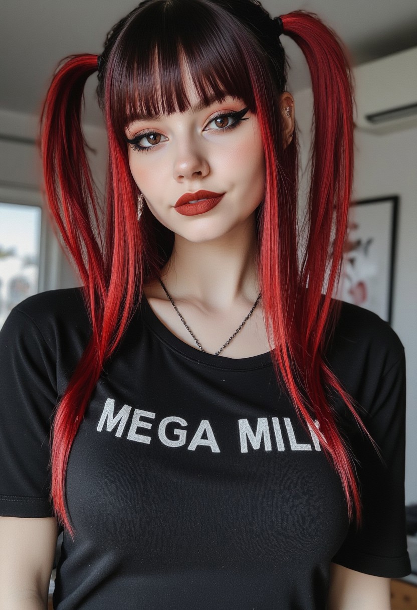 FictionalEmma, Goth girl with red twintails. Wearing a black tshirt with the text "Mega Milk" 
Large breasts