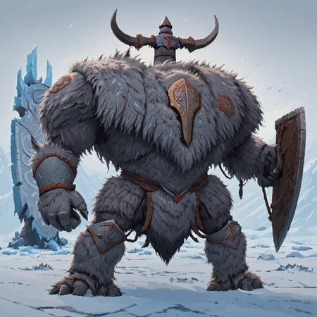 a four meter tall grey drdnght machine with axe and round shield, adorned with runes and fur pelts, charges across a frozen landscape