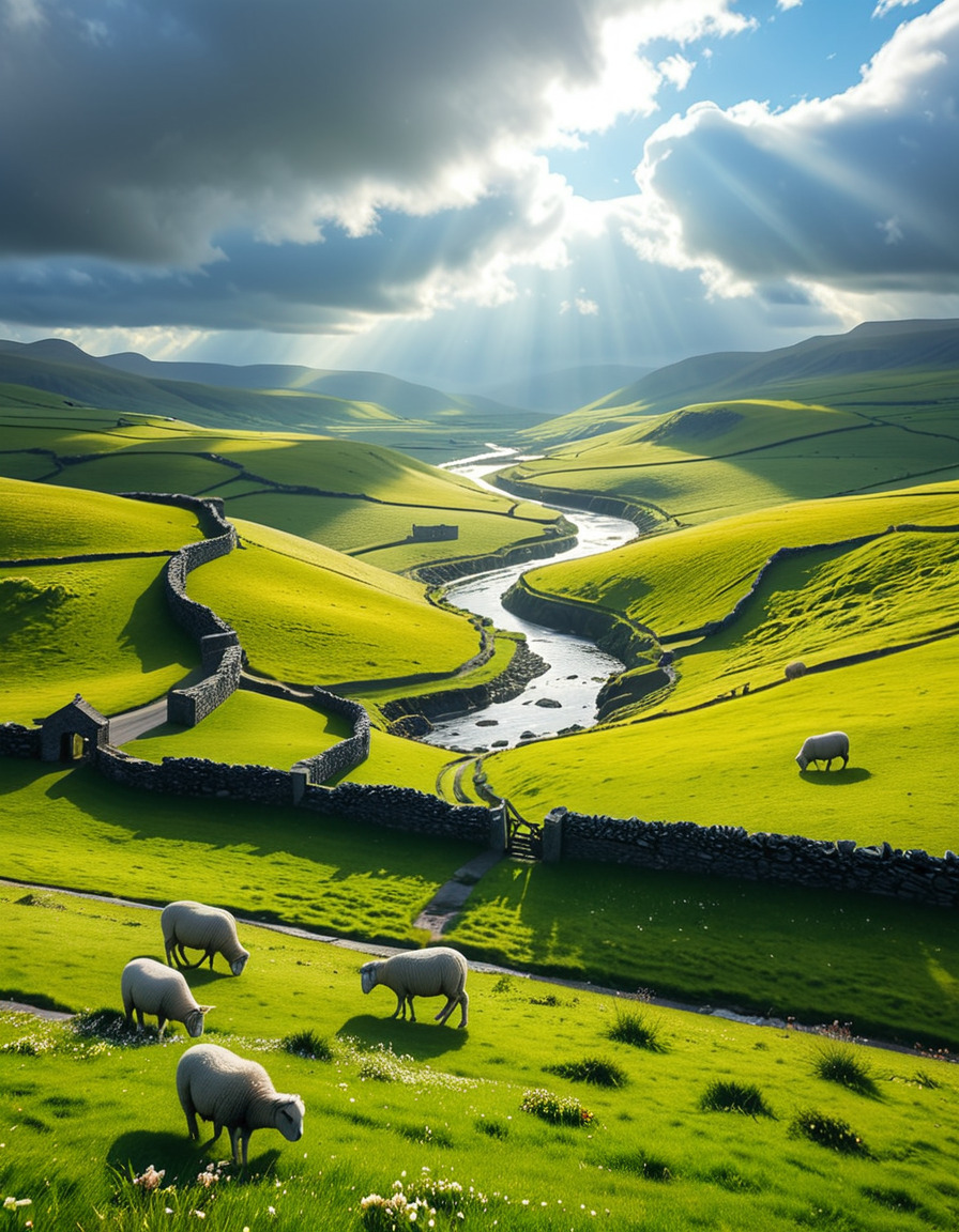 A breathtaking, high-resolution photograph of the rolling plains of Ireland, stretching endlessly under a vast, cloud-streaked sky. The landscape is a lush, vibrant green, with gentle hills covered in soft grass and dotted with scattered wildflowers. Ancient stone walls and winding dirt paths cut through the fields, marking old farmland boundaries. In the distance, a few solitary sheep graze peacefully, their white wool contrasting against the emerald grass. A small, clear river meanders through the valley, reflecting the soft light of the sky. The horizon is framed by low, misty mountains, adding depth and mystery to the scene. Above, the sky is a mix of bright blue and fluffy white clouds, casting dynamic shadows across the landscape as beams of sunlight break through. The atmosphere is serene, timeless, and rich with the natural beauty of the Irish countryside.
<lora:SDXLFaeTastic2400:0.4> <lora:extremely_detailed:0.4> extremely detailed, <lora:rolling_plains_of_1r3l4nd:1>,rolling plains of 1r3l4nd, Masterpiece,best quality,hi res,8k,hi res,8k,award winning,(sharp focus, intricate, highly detailed),