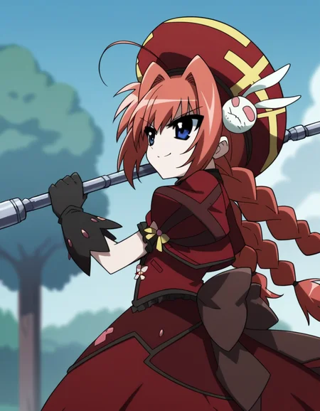 score_9, score_8_up, score_7_up, source_anime, <lora:vita-movie2-ponyxl-lora-nochekaiser:1>, vita, blue eyes, braid, ahoge, red hair, twin braids, rabbit hair ornament,, gloves, hat, dress, weapon, open clothes, open jacket, magical girl, red dress, cropped jacket, hammer,, farmers market, fresh produce, local vendors, baskets, sunny day, community, smile, , from side, solo,, dutch angle,