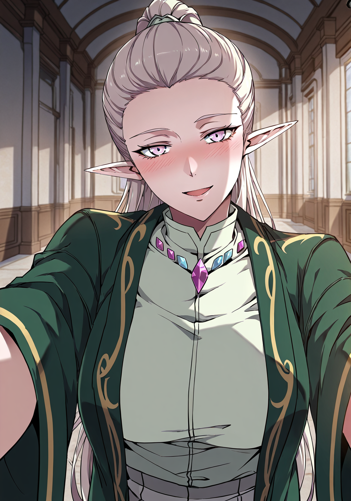 <lora:Alanis_Emeria__The_Beginning_After_the_End__Illustrious:1>
Alanis_Emeria_green_uniform_elf_gems, 1girl, solo, long white hair, ponytail, pointed ears, elf, pale skin, violet eyes, narrow eyes, green jacket, loose jacket, gold trim, wide sleeves, light green high-collar shirt, gemstone collar, purple gem, blue gem, gray pants, formal outfit, fantasy uniform
score_9, score_8_up, score_7_up, score_6_up, source_anime, rating_explicit, 1girl, solo, smile, embarrassed, alcalose eyes, open mouth, mansion, indoors, looking at viewer, outstretched arms, pov, close-up, (head tilt:1.2)