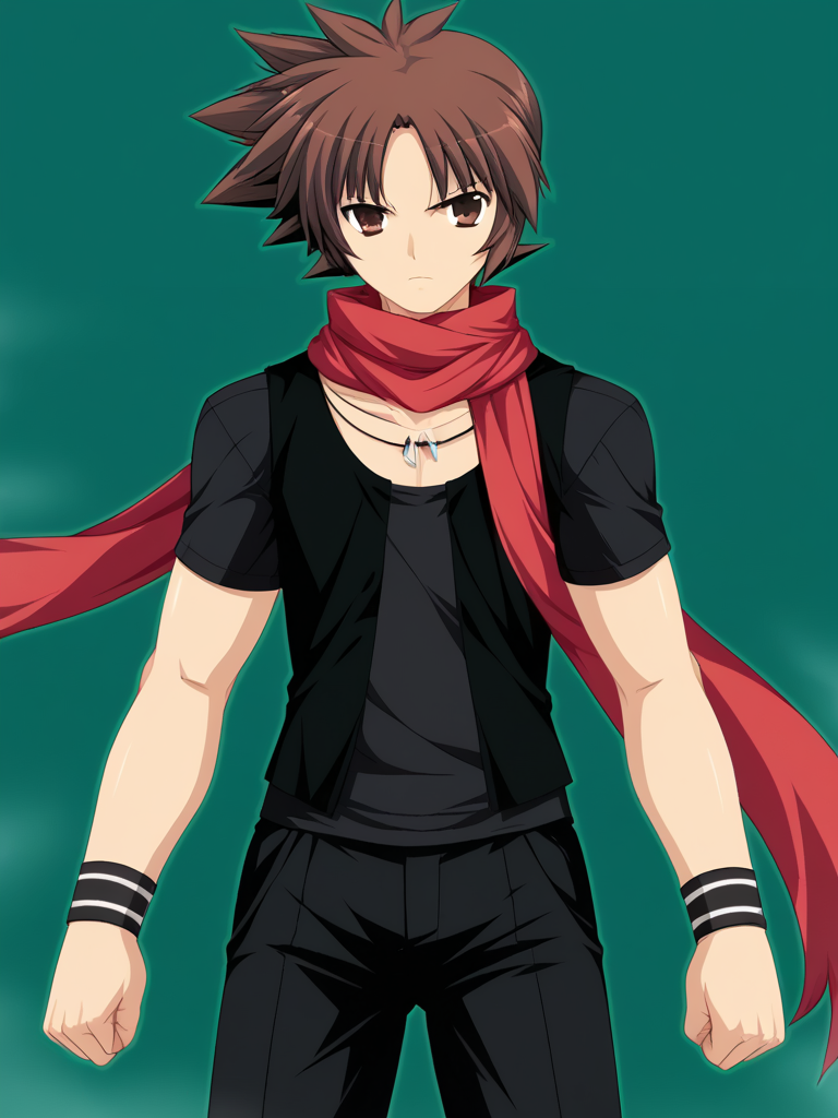 1boy, solo, reijilokiEXAEXSFA, brown hair, spiked hair, brown eyes, t-shirt, vest, wristband, pants, necklace, jewelry, scarf, serious, green background, mist, green outline, clenched fists, standing, cowboy shot,